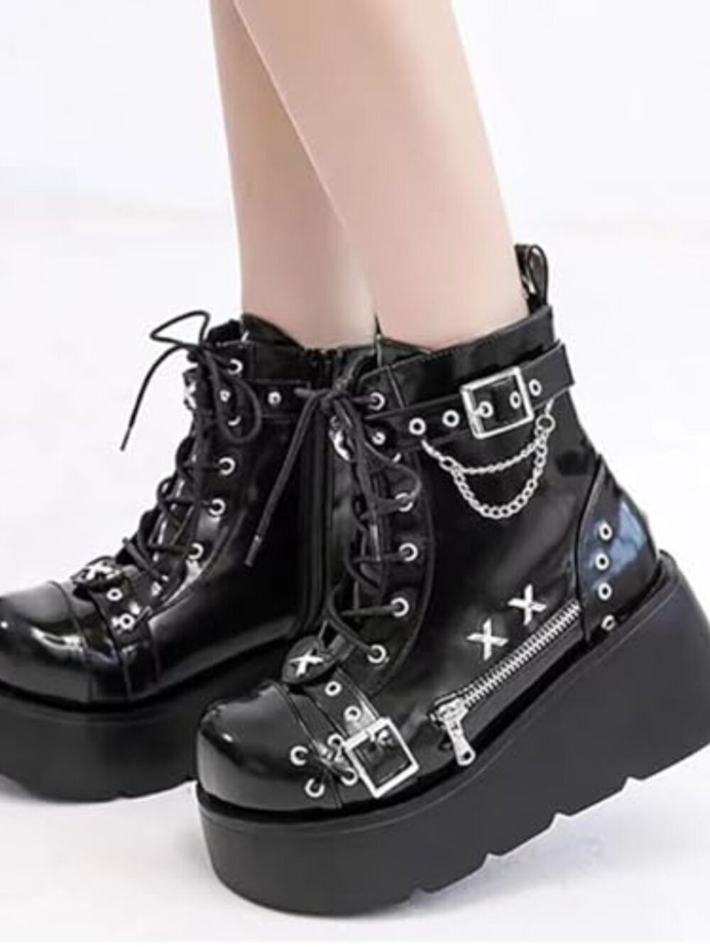 🆕 Women's Goth Platform Ankle Boots with Bat Wing Buckles Chunky Block Heels - Picture 6 of 7